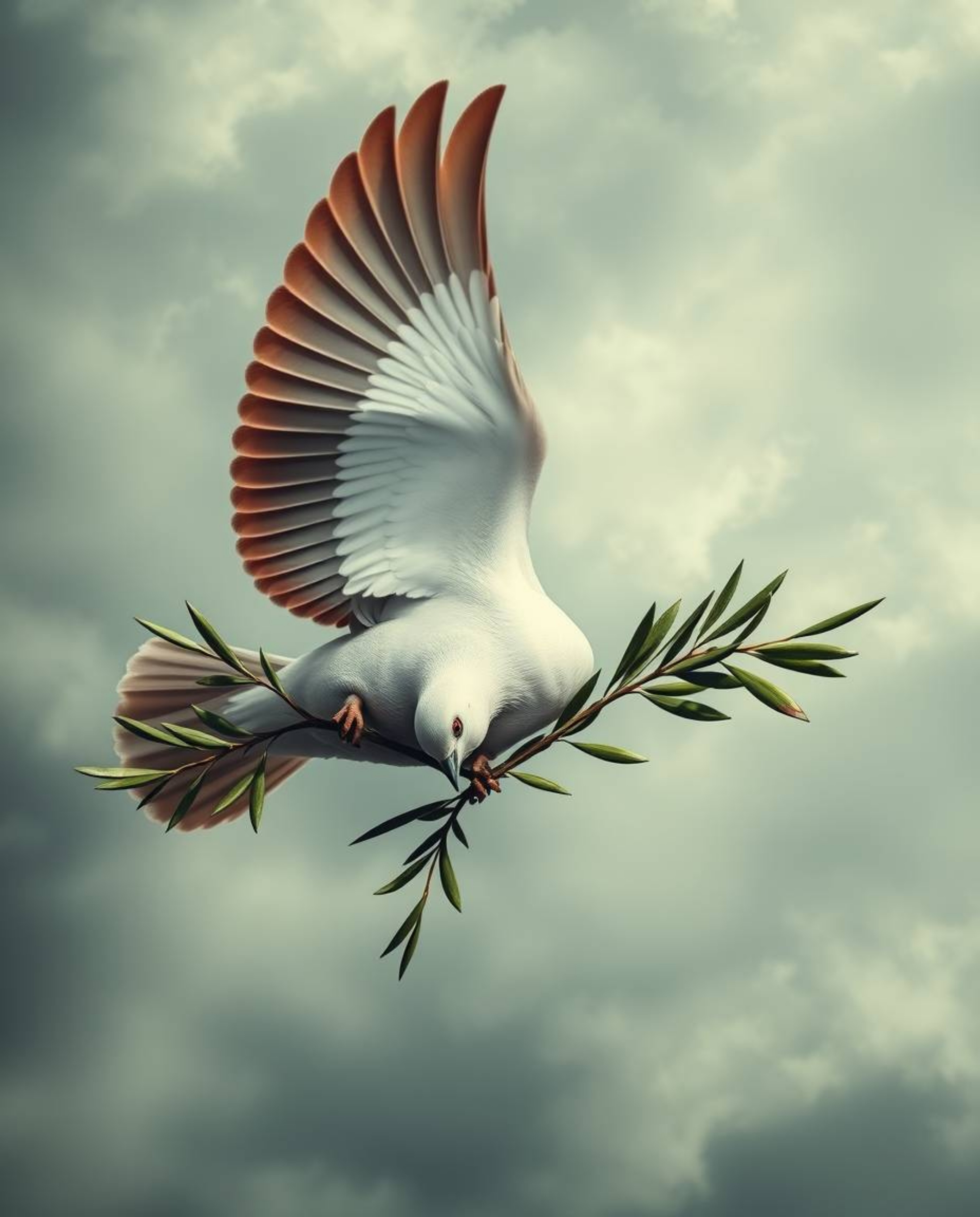 A captivating overhead shot depicts a dove gracefully carrying an olive branch amidst a dramatic stormy sky.  Vibrant complem
