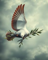 A captivating overhead shot depicts a dove gracefully carrying an olive branch amidst a dramatic stormy sky.  Vibrant complem