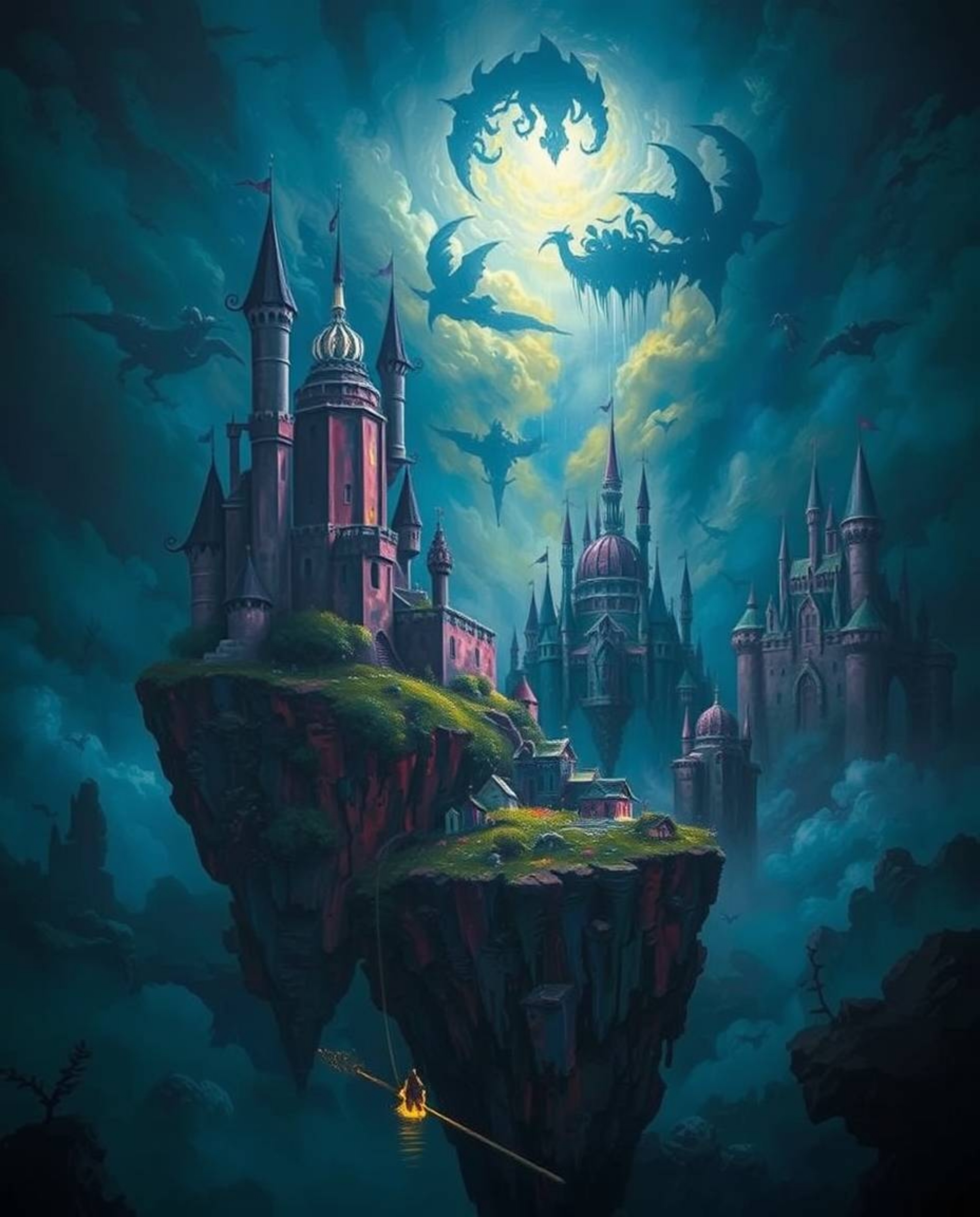 A moody, high-contrast painting depicts a vibrant kingdom with floating islands and majestic castles. The artwork employs dra