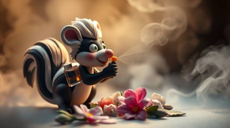 A whimsical volumetric lighting piece captures a sculpted clay cartoon skunk playfully spraying perfume on a bouquet of flowe
