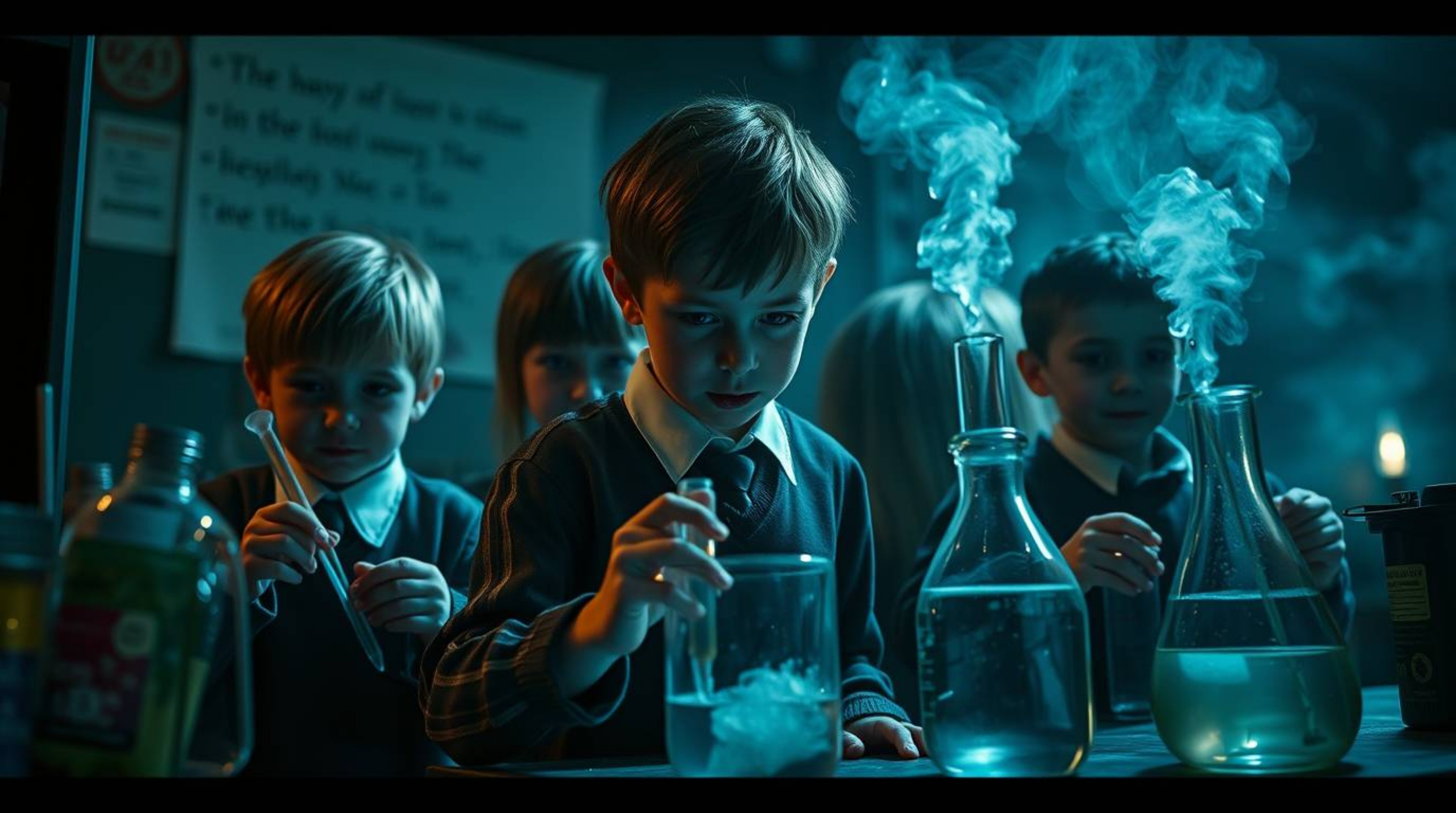 A high-resolution stock photo depicting quirky children in school uniforms conducting unsettling experiments in a dimly lit s