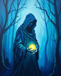 This bold acrylic painting features a cloaked figure with shadowed features standing within a misty forest, holding a glowing
