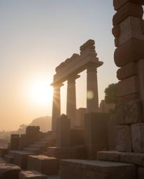 This is a color photograph of ancient stone ruins with a sunset casting shadows, featuring natural earth tones that create a 