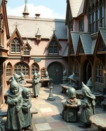 Immerse yourself in a magical school brimming with young wizards, meticulously rendered in cast bronze with a delicate pastel