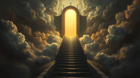 This fantasy realism painting depicts a heavenly gate suspended above a sea of clouds, with stairs gracefully descending towa