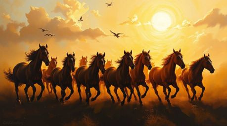 A stunning oil painting captures a herd of wild horses in full gallop beneath a radiant, glowing sky. The artist masterfully 