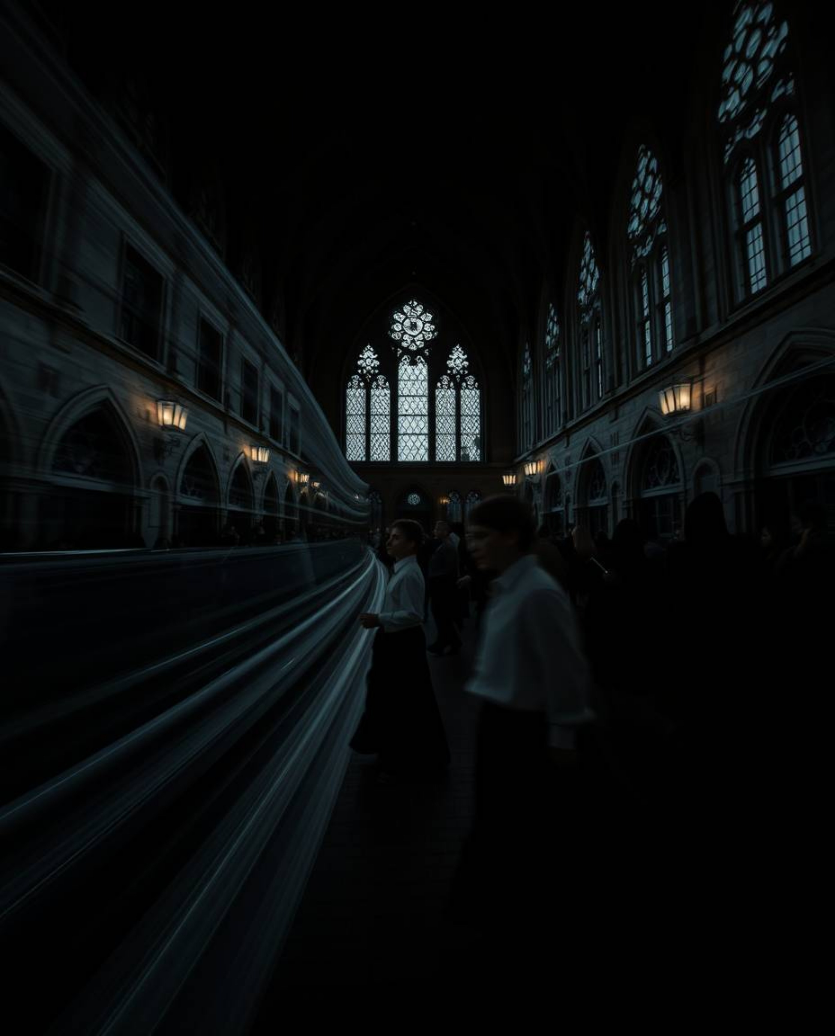 Explore a captivating long exposure photograph of a magical school teeming with young wizards, rendered in intense jet black 