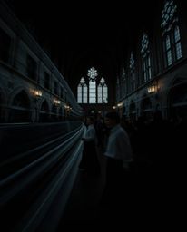 Explore a captivating long exposure photograph of a magical school teeming with young wizards, rendered in intense jet black 