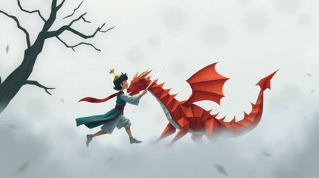 A captivating illustration depicting a charming prince engaged in a thrilling battle with a fearsome dragon, rendered in the
