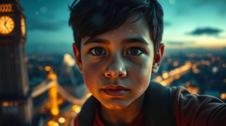 A close-up shot showcases a young boy with dark hair and olive skin soaring above London, his face bathed in the magical glow