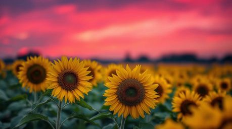 A stunning sunflower field bathed in the light of a deep red and purple sky creates a captivating visual.  The image features