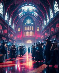 Imagine a modern and futuristic, epic scene of a magical school teeming with young wizards.  Bathed in rich burgundy and deep