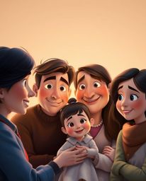 Experience a graceful and elegant Pixar-style family reunion characterized by smooth gradient transitions, refined facial fea