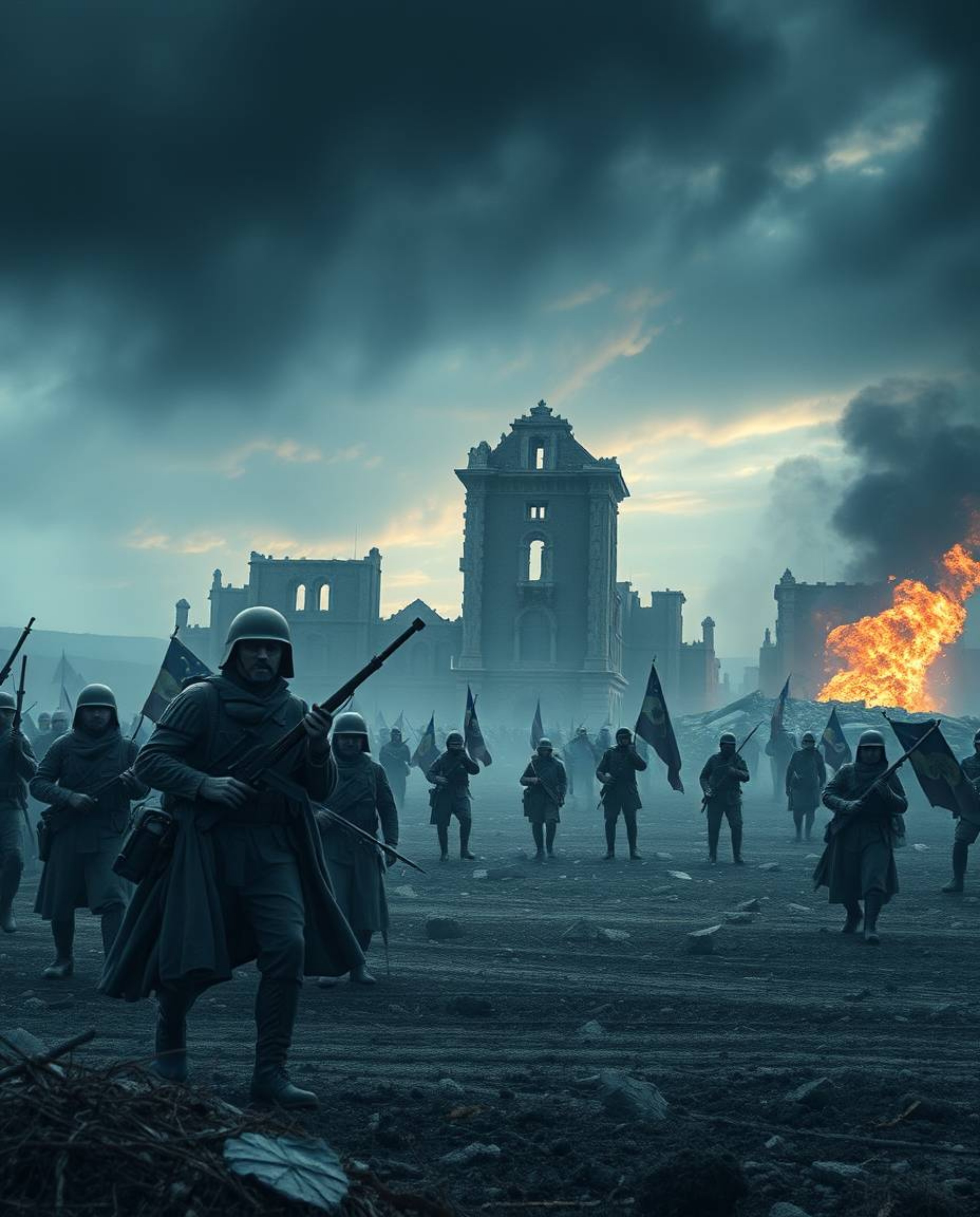 Explore a captivating high-resolution stock photo showcasing a dramatic, cinematic battlefield scene. Witness time-warped sol