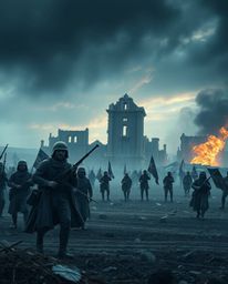 Explore a captivating high-resolution stock photo showcasing a dramatic, cinematic battlefield scene. Witness time-warped sol