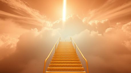 A breathtaking surreal infrared image depicts a golden staircase ascending through hazy clouds towards a radiant heavenly glo