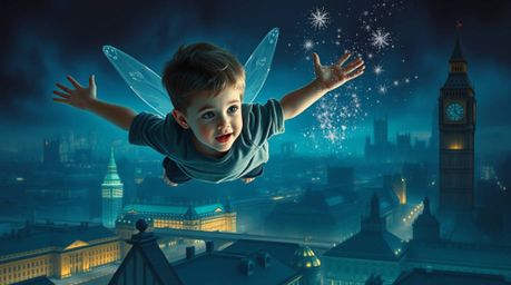 A young boy with fair skin flies with pixie dust over a London cityscape, brought to life in a striking chiaroscuro style. Th