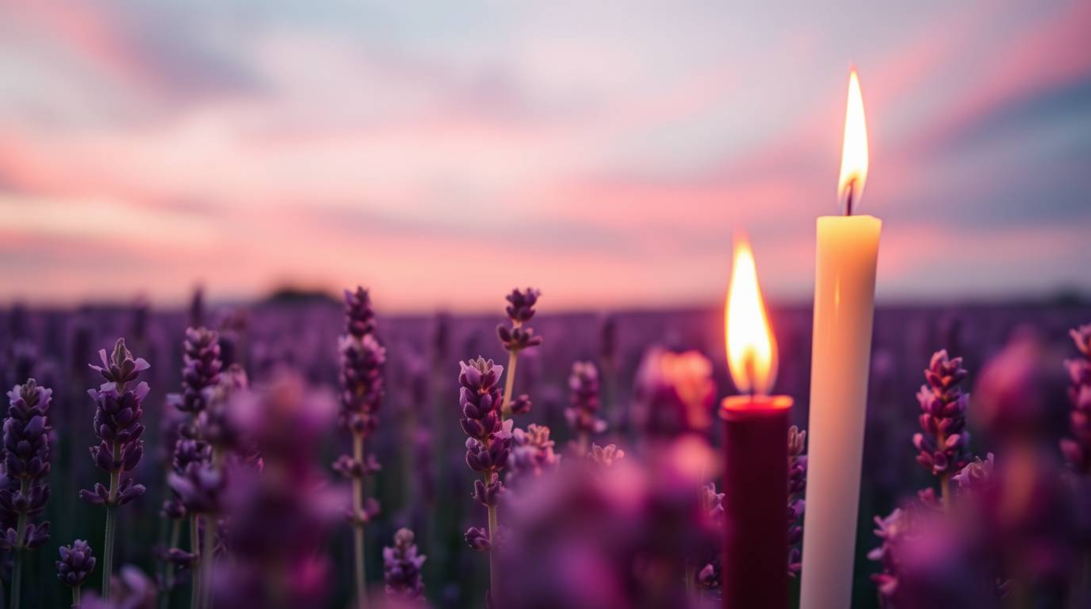 Experience the serene beauty of lavender fields illuminated by the warm glow of candlelight. This tight close-up shot capture