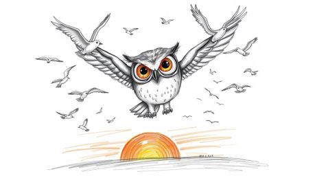A heartwarming Pixar-style image depicts a blind owl with large, expressive eyes, leading a diverse flock of birds in flight 