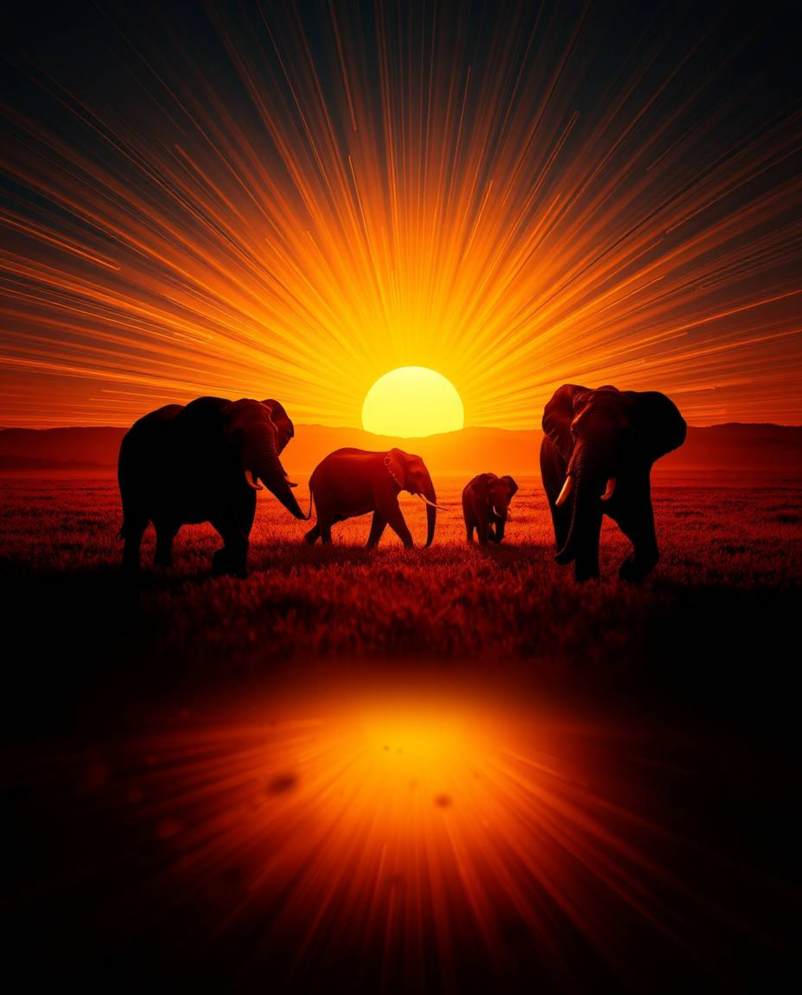 This is a creative light art piece depicting elephants walking across a field at sunset, bathed in a warm golden glow. The ra