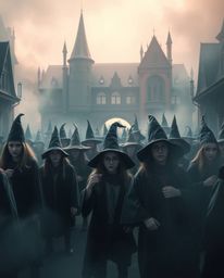 Explore a cinematic and enchanting depiction of a magical school brimming with young wizards. This artwork features a soft, d