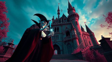 A captivating image depicts a classic Disney villain casting a spell within the ancient walls of a castle. Rendered in a sur