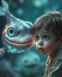 A mesmerizing digital painting captures a surreal encounter between a bioluminescent sea creature and a curious child. The dr