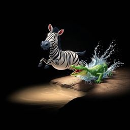 A striking scene featuring a 3D cartoon zebra leaping towards a riverbank, its expression reflecting fear as a mischievous cr