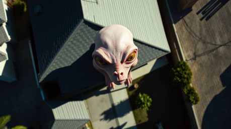 A unique scene unfolds with a bird's-eye view of a suburban house, dramatically lit to cast strong shadows. The inhabitant is