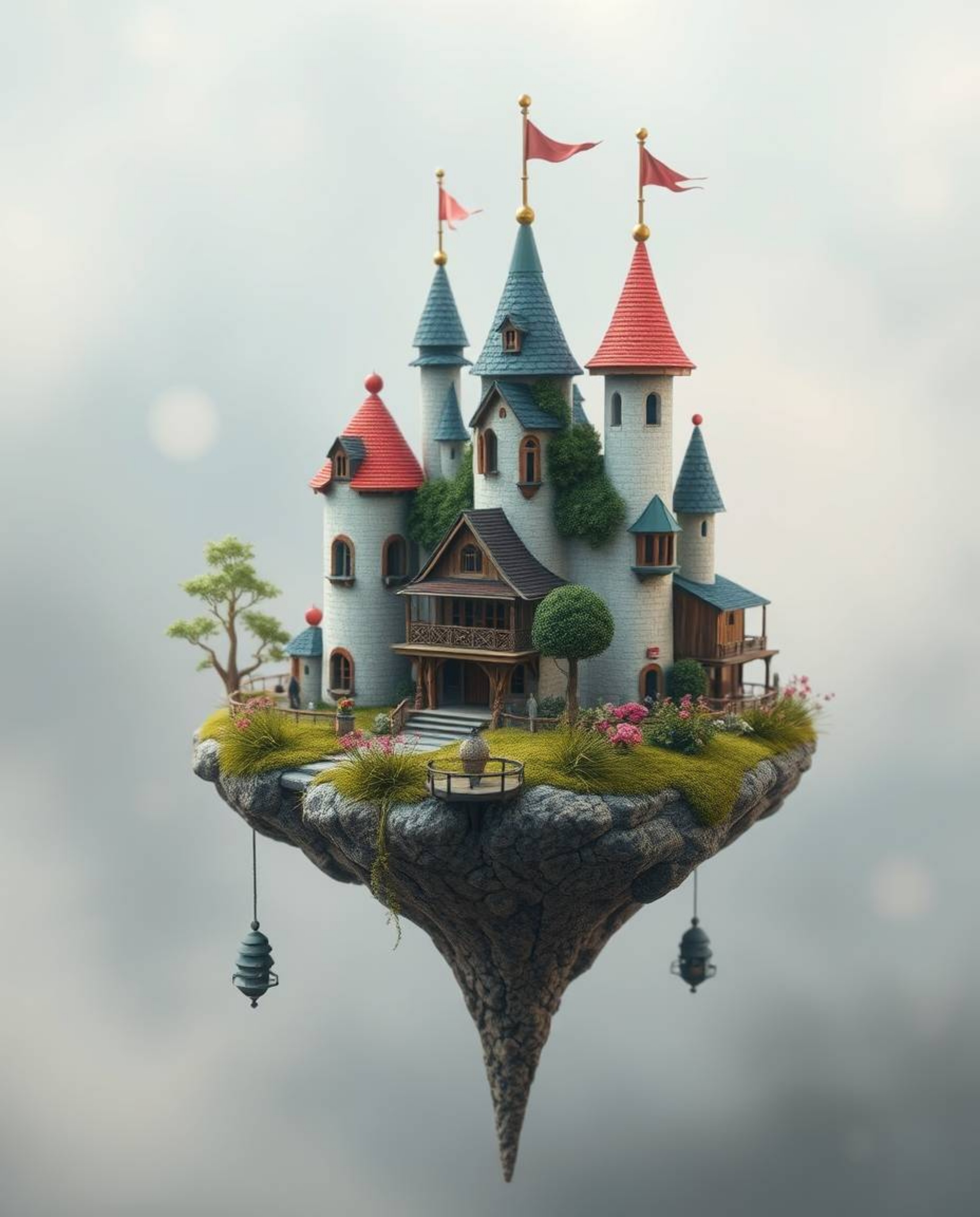 This high-resolution stock photo showcases an adorable and charming surreal floating island featuring strange and captivating