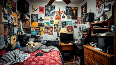 Explore a chaotic bedroom scene filled with peculiar gadgets and vibrant posters, captured in a tight close-up shot under str