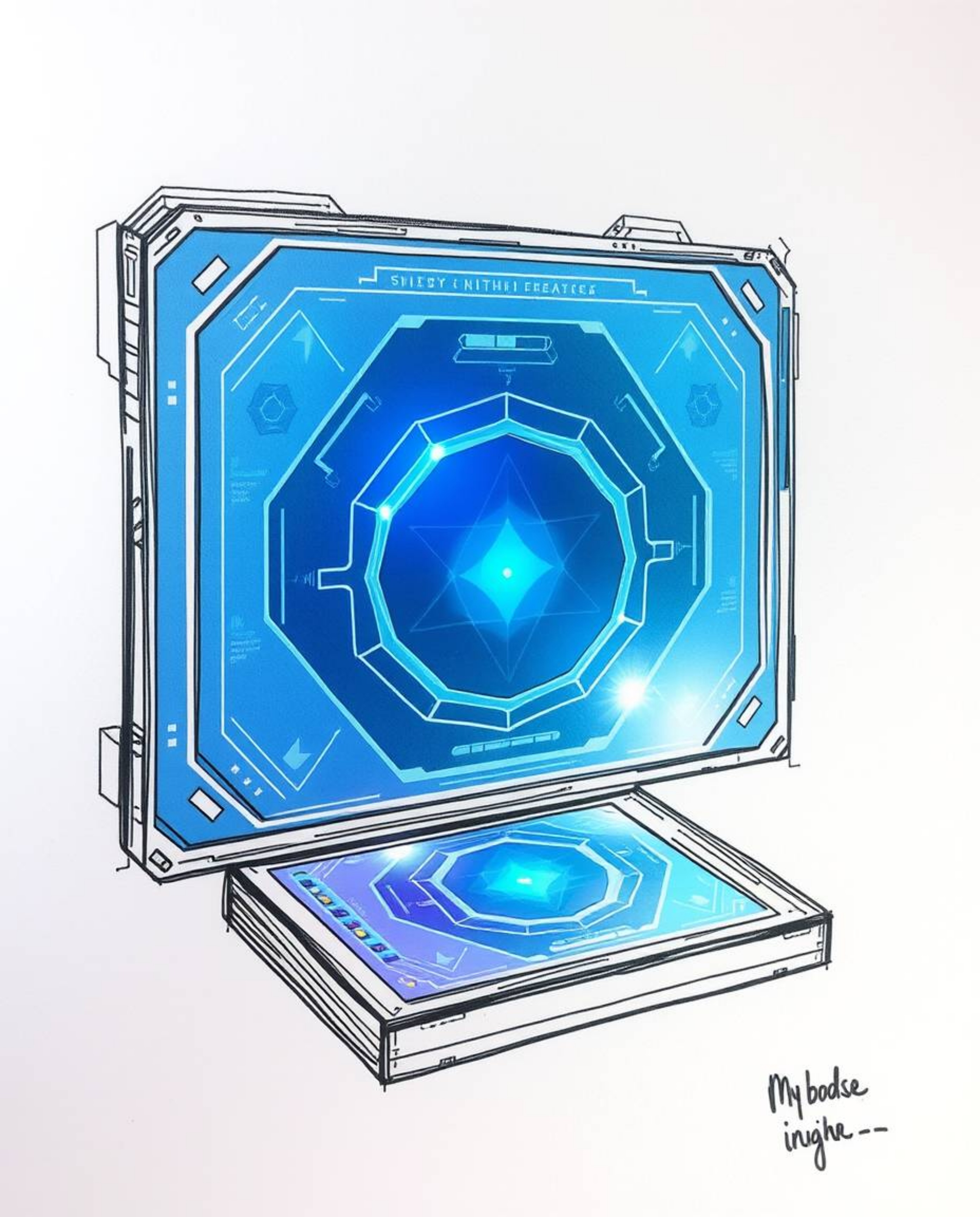 A hand-drawn color sketchnote depicting a futuristic digital interface features geometric patterns and a holographic look, cr