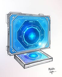 A hand-drawn color sketchnote depicting a futuristic digital interface features geometric patterns and a holographic look, cr