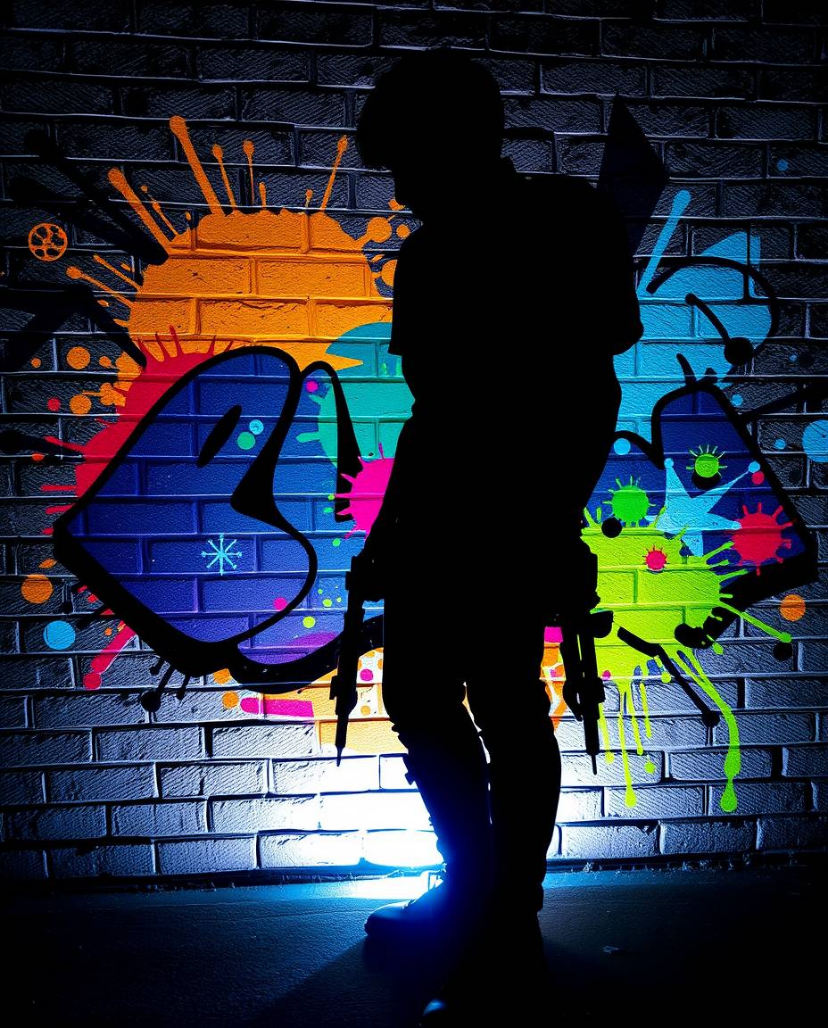 Immerse yourself in a vibrant display of futuristic graffiti art. This striking image showcases colorful splashes on a brick 