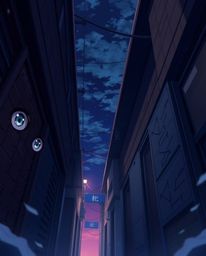 Explore a captivating Isekai anime style scene featuring a low-angle, dramatic composition set in a mysterious night alley.  