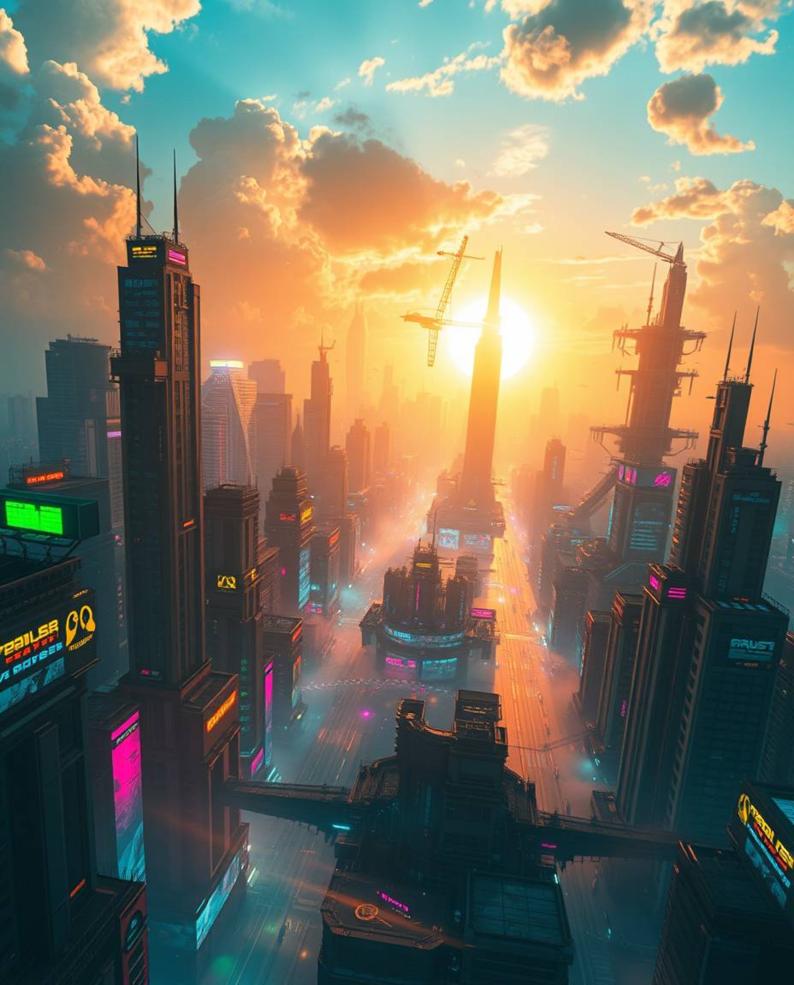 Immerse yourself in a grand, epic scene of a futuristic cityscape, brought to life on a massive scale with heroic elements.  