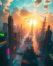 Immerse yourself in a grand, epic scene of a futuristic cityscape, brought to life on a massive scale with heroic elements.  