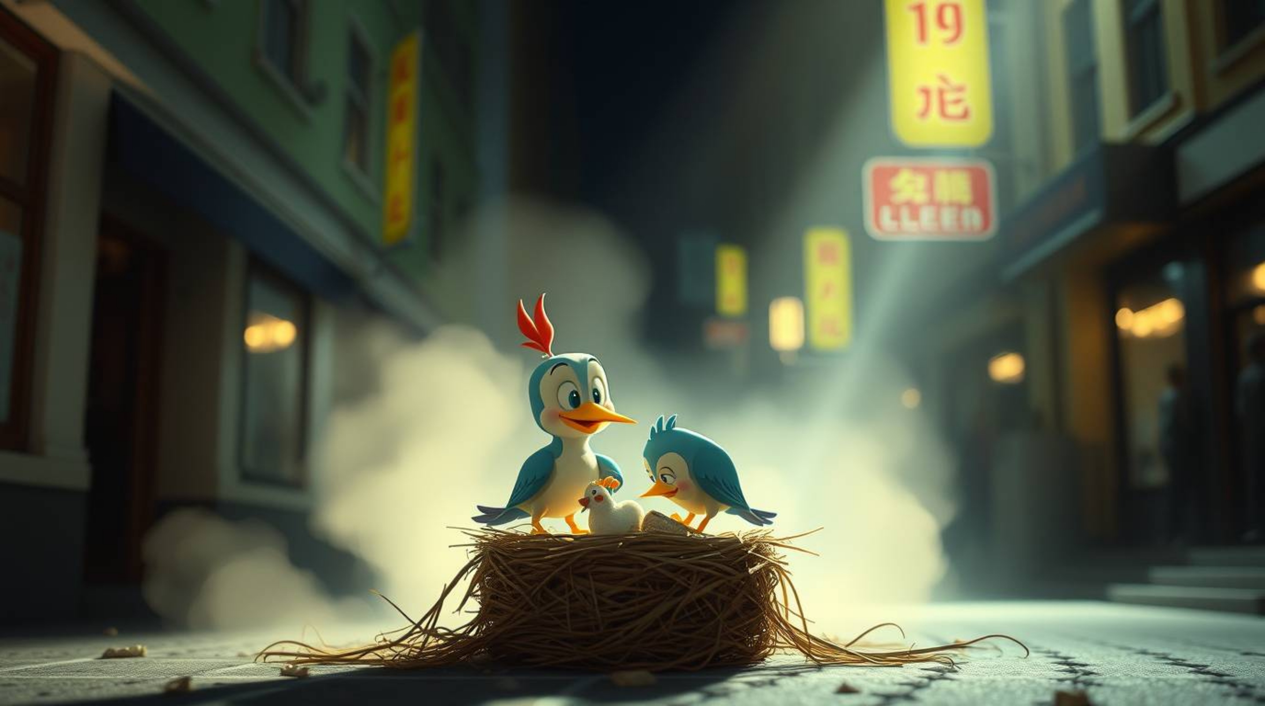 A captivating image showcasing two cartoon birds meticulously constructing a nest in a vibrant urban setting. Rendered in a