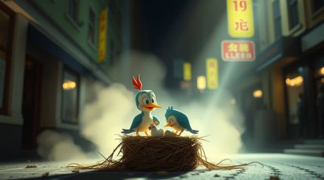 A captivating image showcasing two cartoon birds meticulously constructing a nest in a vibrant urban setting. Rendered in a