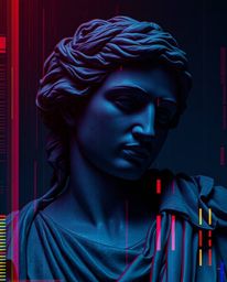 A classical sculpture reimagined with a digital glitch effect, creating a strong, moody, eerie, and creepy atmosphere. The lo