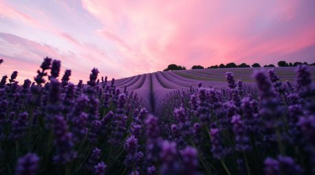 Capture the essence of a dreamy lavender field bathed in the glow of a pink sky. This low-angle perspective emphasizes the vi