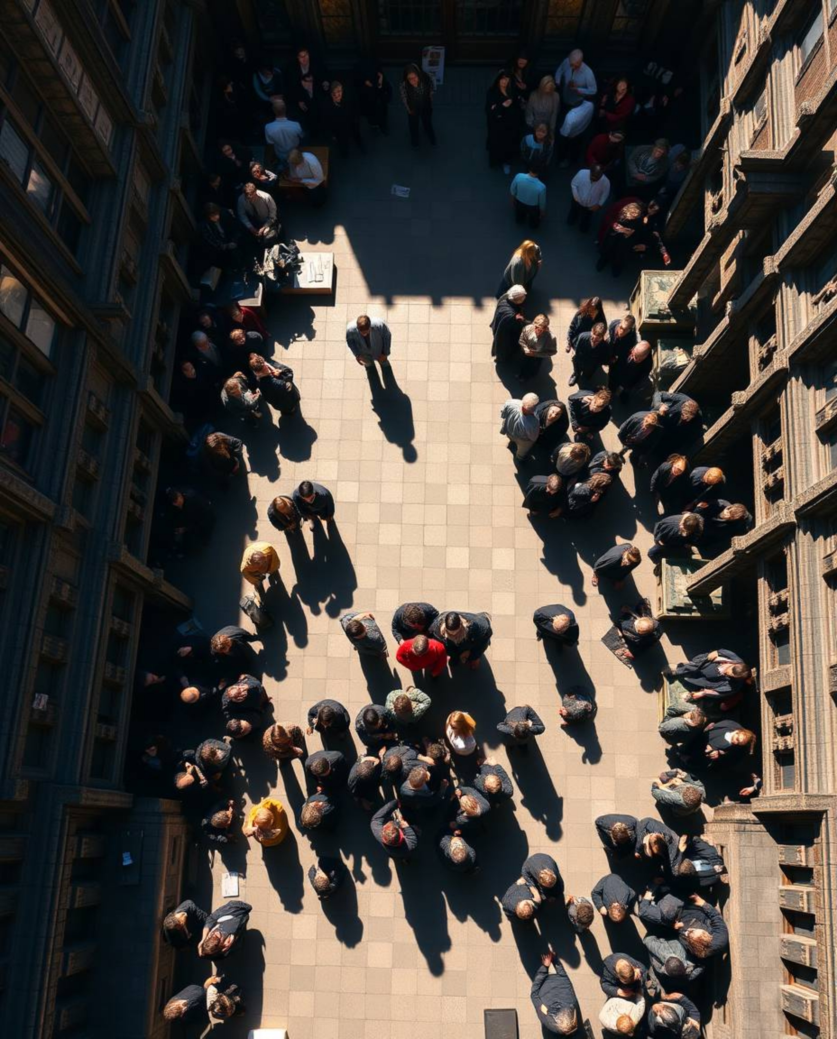 Discover a breathtaking overhead view of a magical school brimming with young wizards.  Harsh sunlight creates dramatic shado