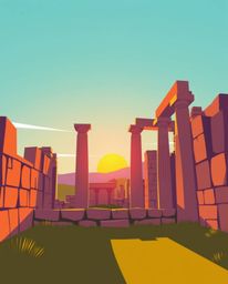 A modern flat design image featuring bright, vibrant colors and simple, two-dimensional shapes. The artwork depicts a sunset 