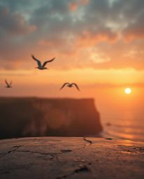 This image presents a sunset over a coastal cliff with soaring birds, all rendered in a soft cinematic haze complemented by a