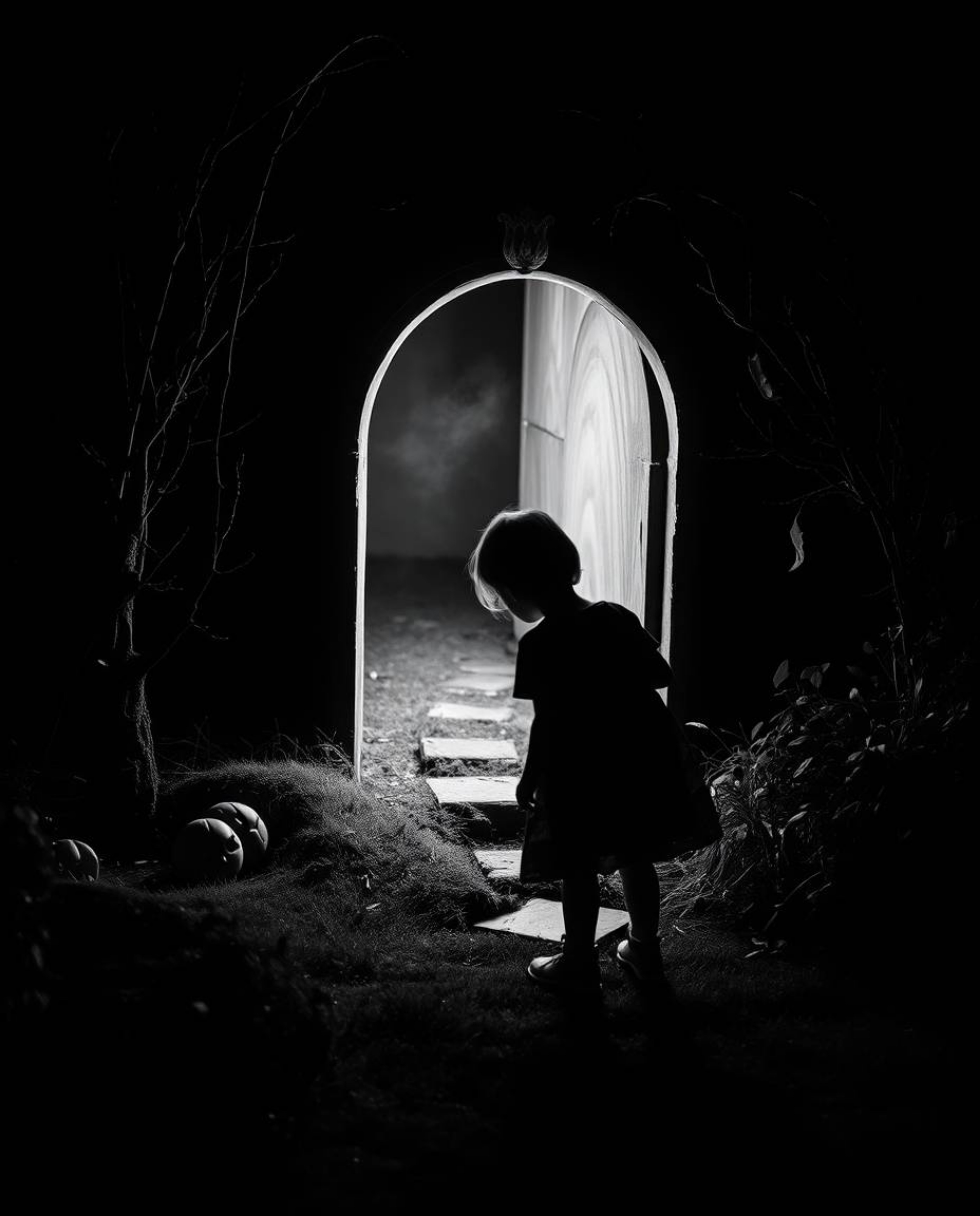 A captivating black and white image portrays a child's wondrous encounter with a magical portal nestled within their own back