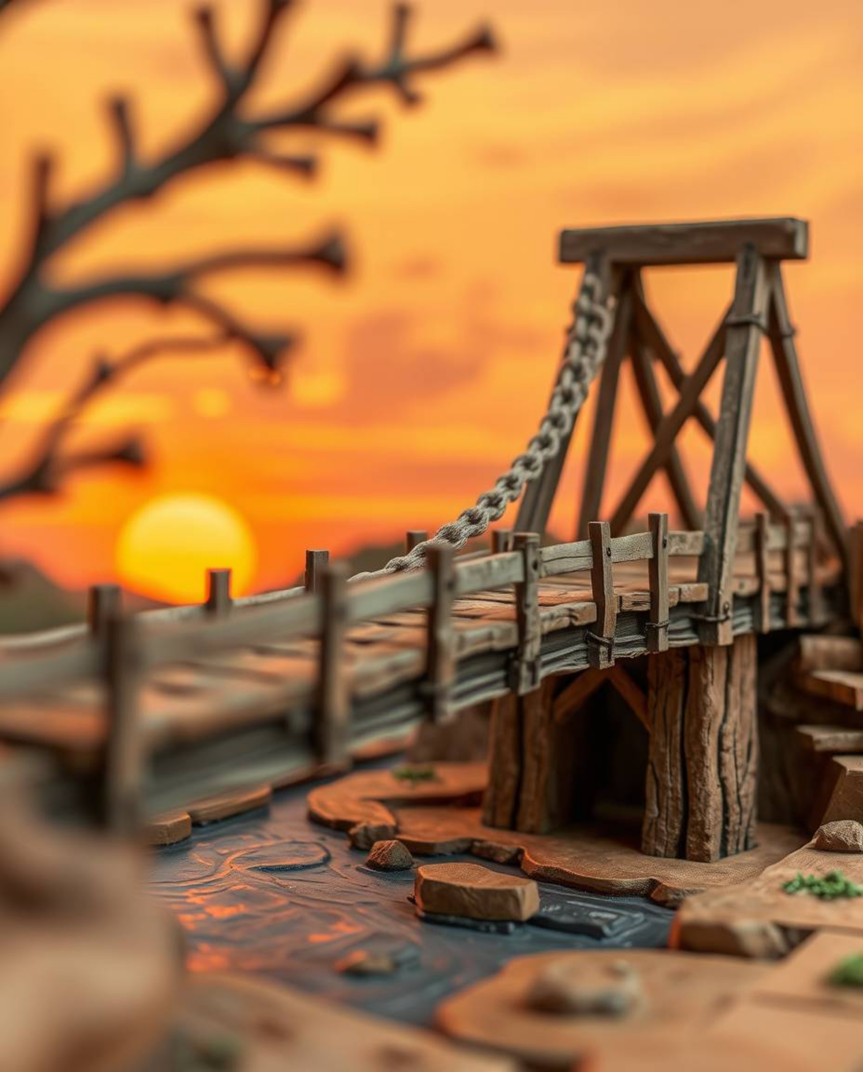 A dynamic, layered papier-mâché sculpture depicts an old wooden bridge over a river at sunset. The artwork is characterized b