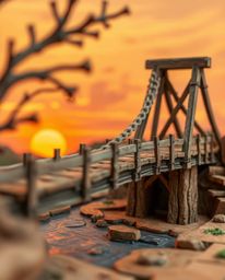 A dynamic, layered papier-mâché sculpture depicts an old wooden bridge over a river at sunset. The artwork is characterized b