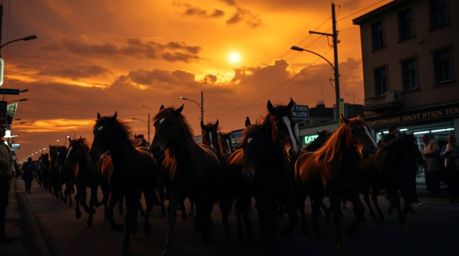 Capture the raw energy of candid street photography with this striking image of a herd of wild horses running under a glowing