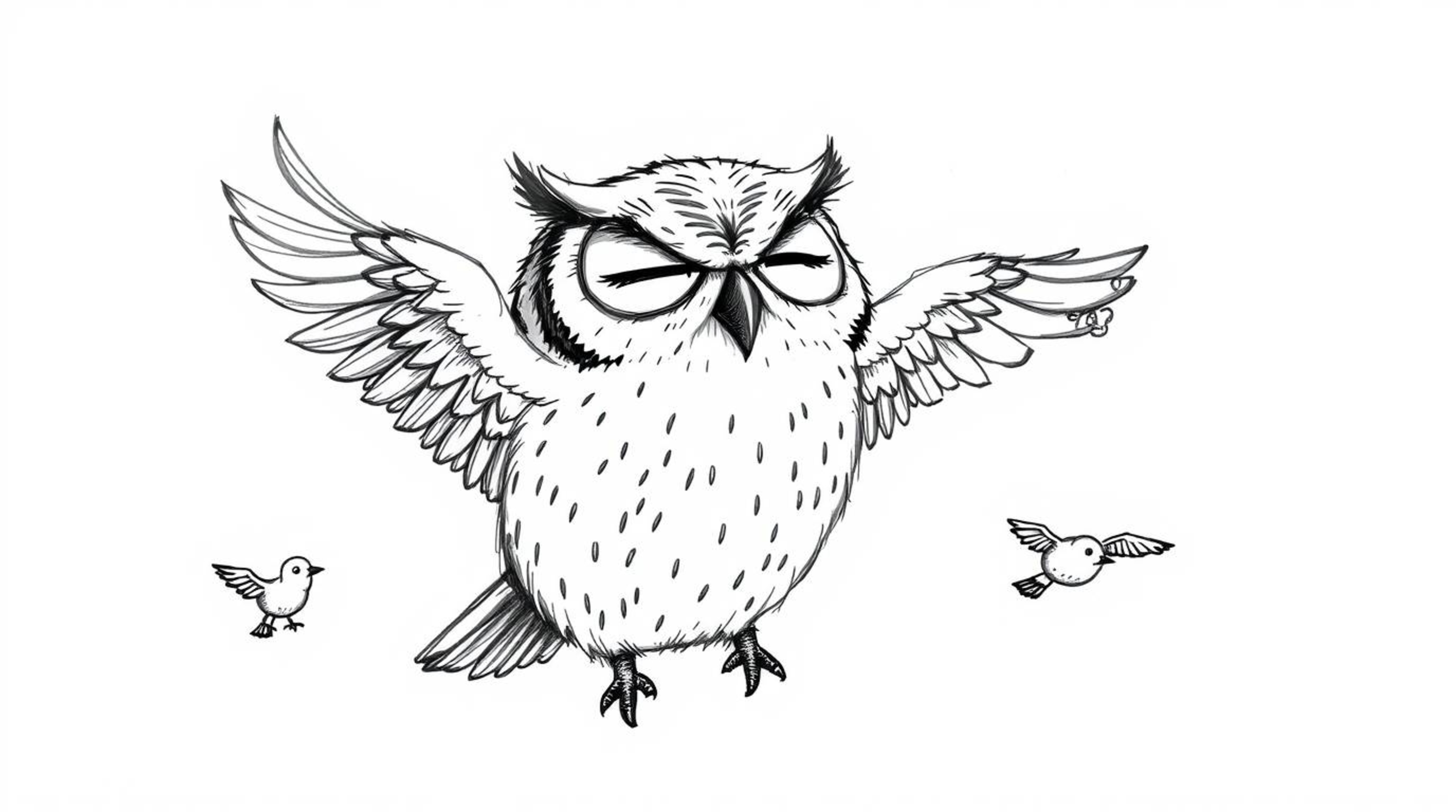 A heartwarming hand-drawn sketch in the style of Pixar depicts a blind owl with large, expressive closed eyes gently guiding 