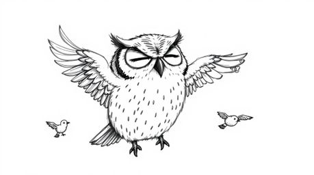 A heartwarming hand-drawn sketch in the style of Pixar depicts a blind owl with large, expressive closed eyes gently guiding 